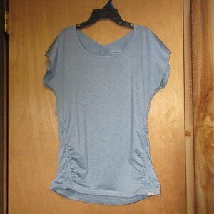 Eddie Bauer Blue/White Pinstripe Dolman-Short-Sleeve Cinch Side V-Back Top, Med
